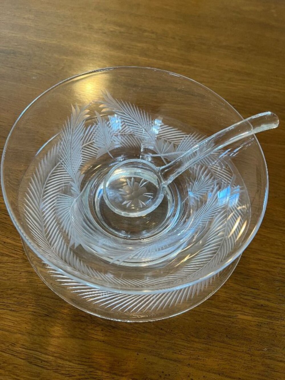 Rare Vintage Glass 3 Piece Mayo/Sauce Set with Feather Etching